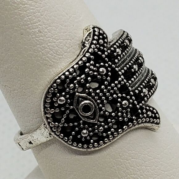 Silver Tone Hamsa Evil Eye Ring - Picture 3 of 7